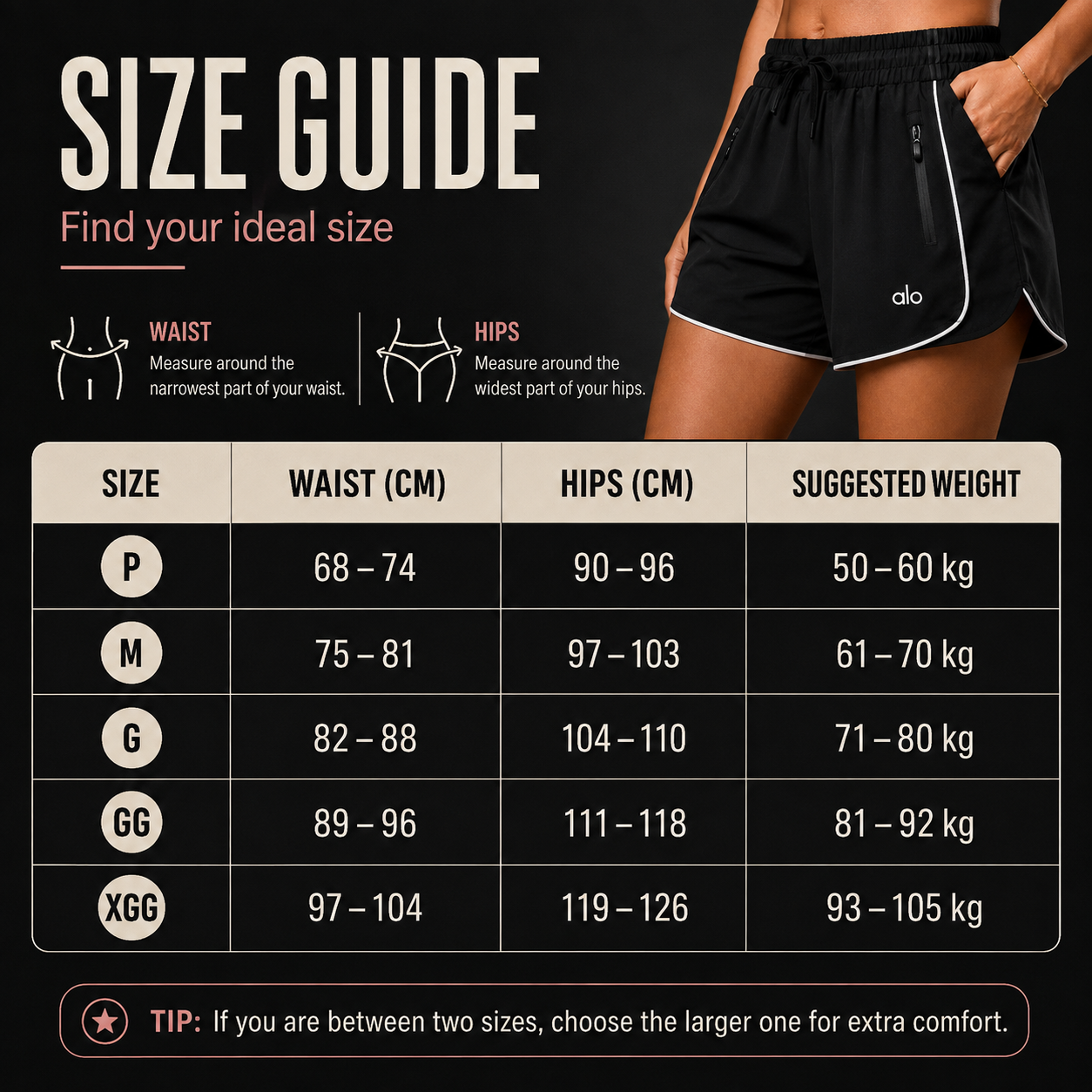 Size guide chart with waist and hip measurements