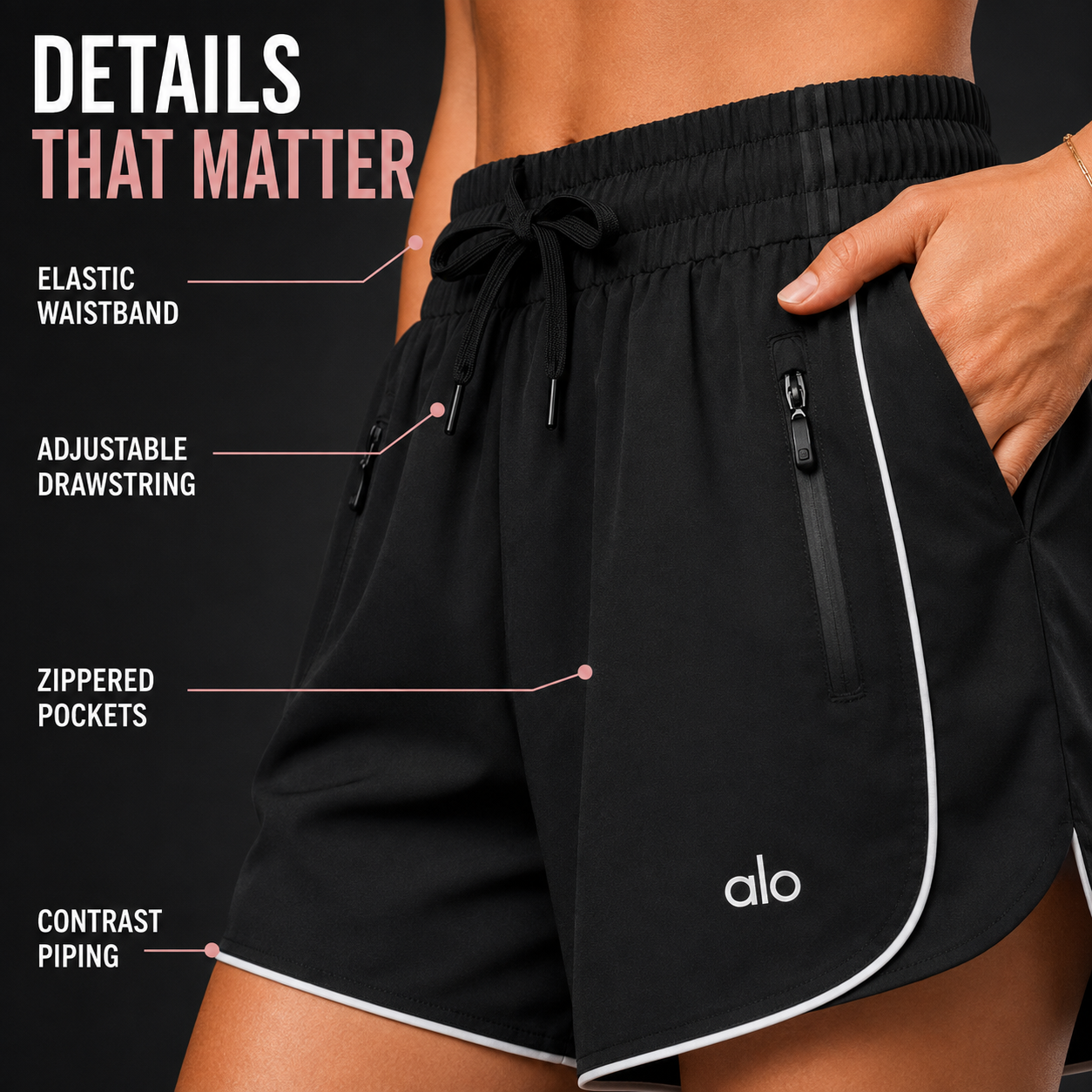 Close-up of waistband, drawstring, zippered pocket and contrast piping
