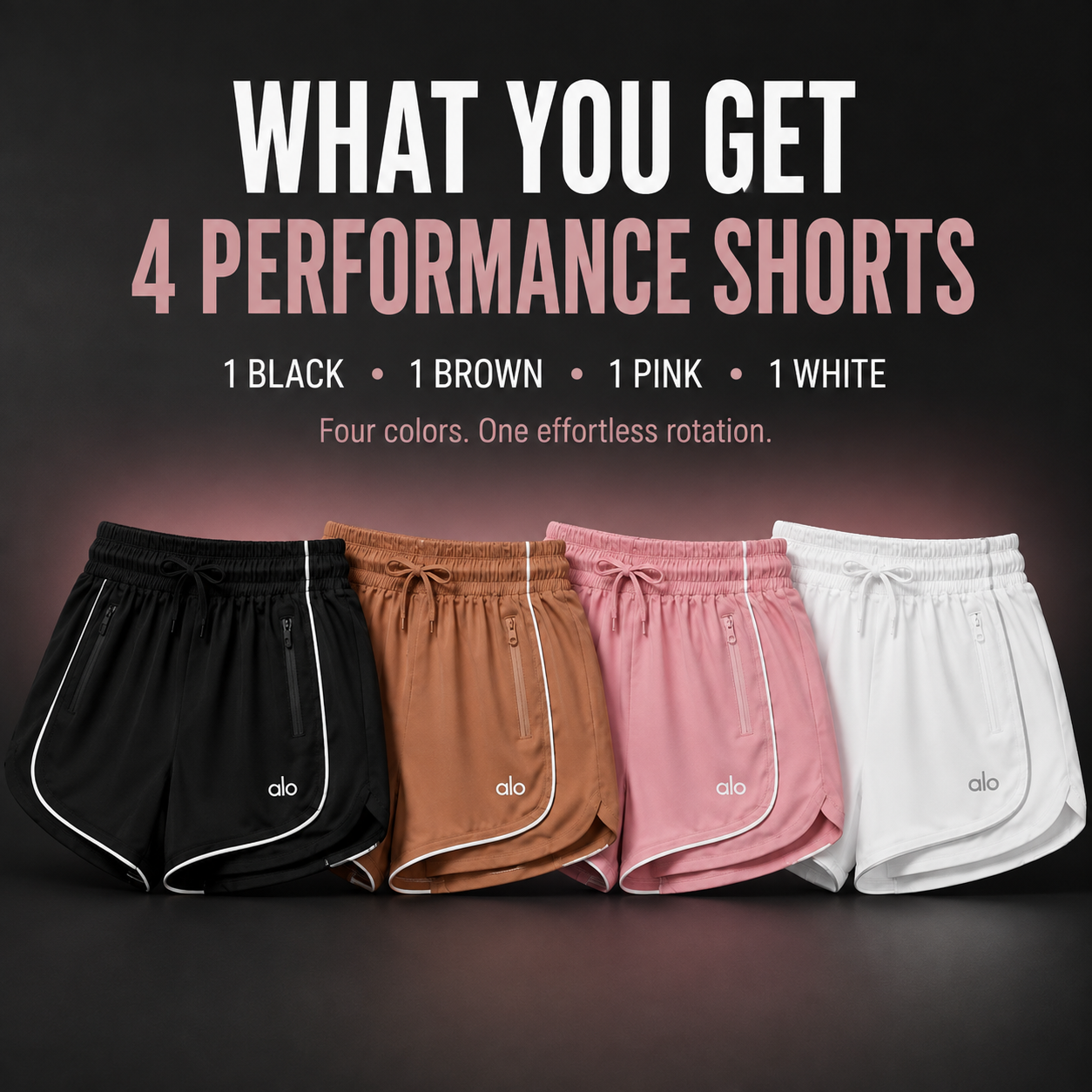 Four performance shorts in black, brown, pink and white lined up side by side