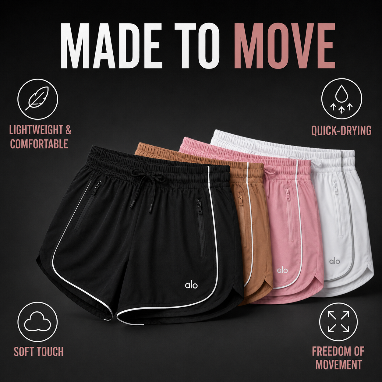 Stacked performance shorts in four colors